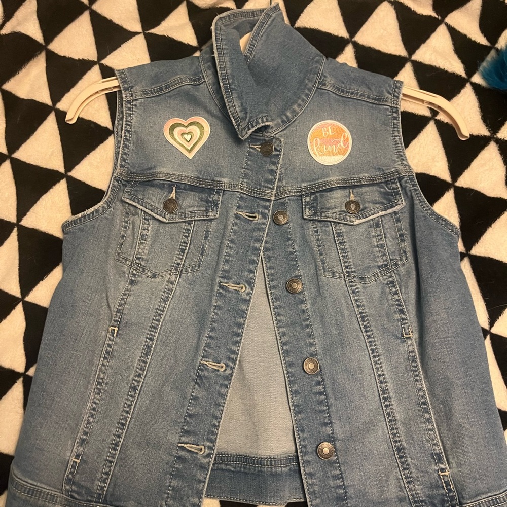 Artisan NY Blue Denim Vest with positive girl vibe patches.  Size Medium.